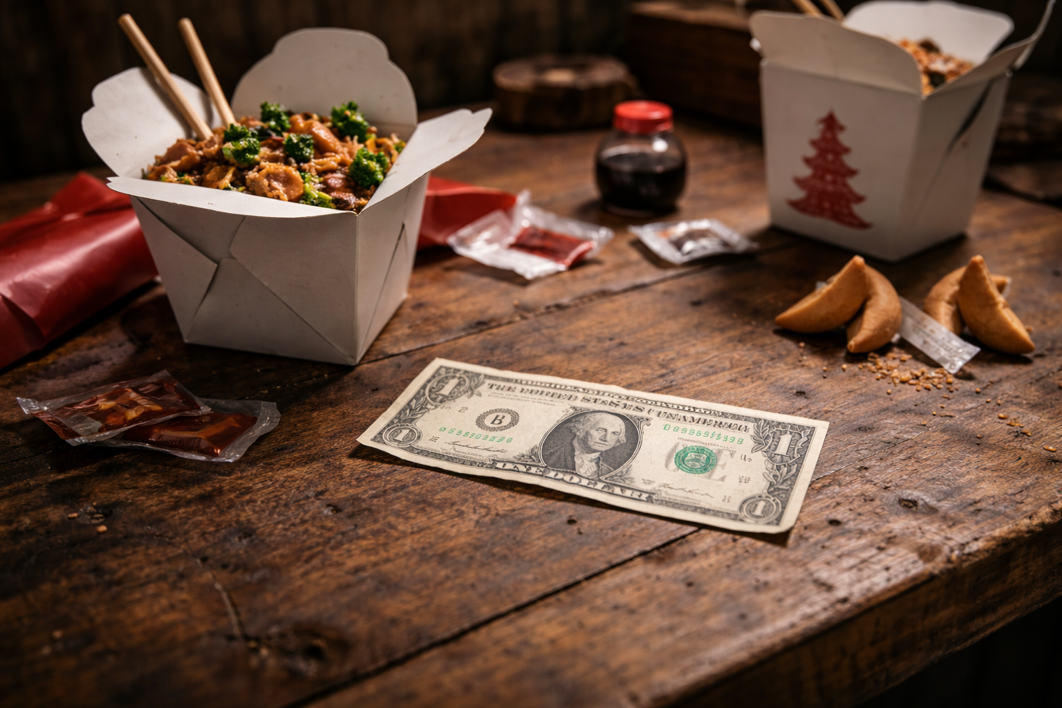 one dollar bill on rustic table with Chinese takeout containers and fortune cookies