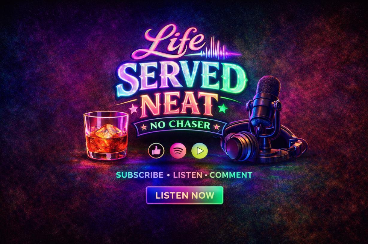 Life Served Neat podcast artwork with microphone, headphones, and whiskey glass promoting the No Chaser podcast series