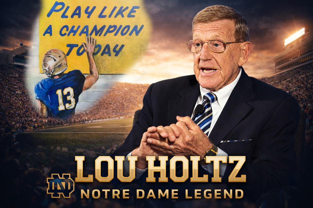 Lou Holtz Notre Dame football coach with Play Like a Champion Today sign and Notre Dame stadium background