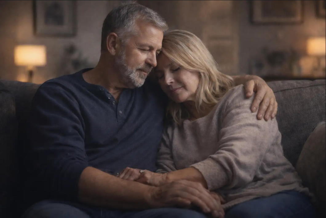 Married couple sitting together on a couch, holding hands and leaning into each other in a quiet moment of connection.