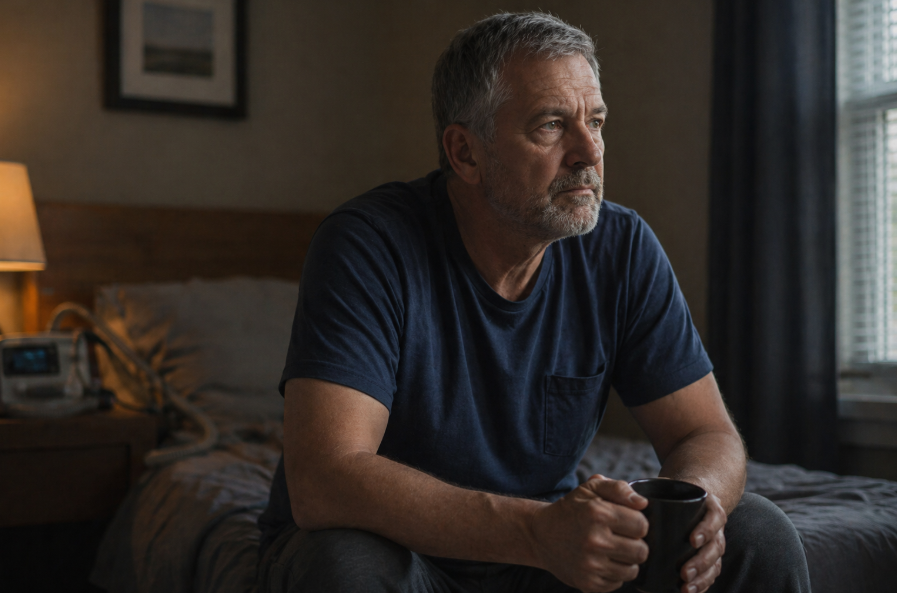 Middle-aged man sitting on the edge of a bed, holding a coffee mug and looking out a window with a quiet, reflective expression; a CPAP machine rests on the nightstand beside him in a softly lit bedroom.