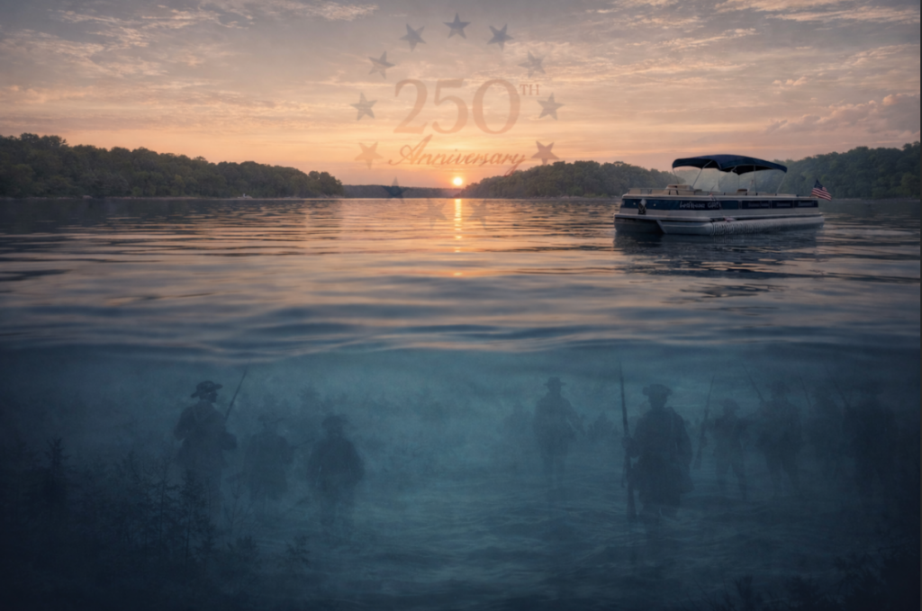Sunset over Lake Norman with a pontoon boat floating above ghosted Revolutionary War militia figures beneath the water near the submerged battlefield at Cowan’s Ford.