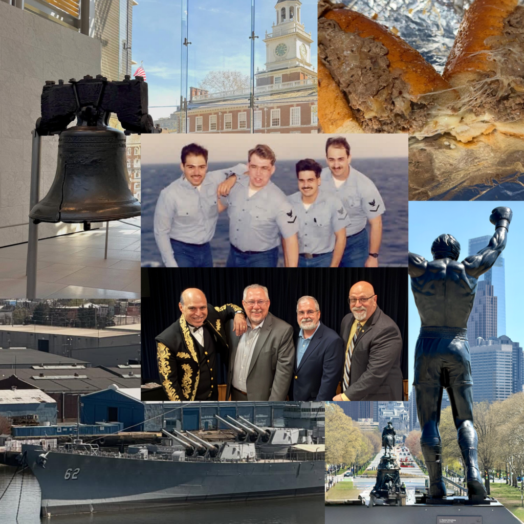 Photo collage featuring the Liberty Bell, Independence Hall, Philly cheesesteaks, Navy friends past and present, the USS New Jersey, Rocky statue, and moments from a Philadelphia vow renewal trip.