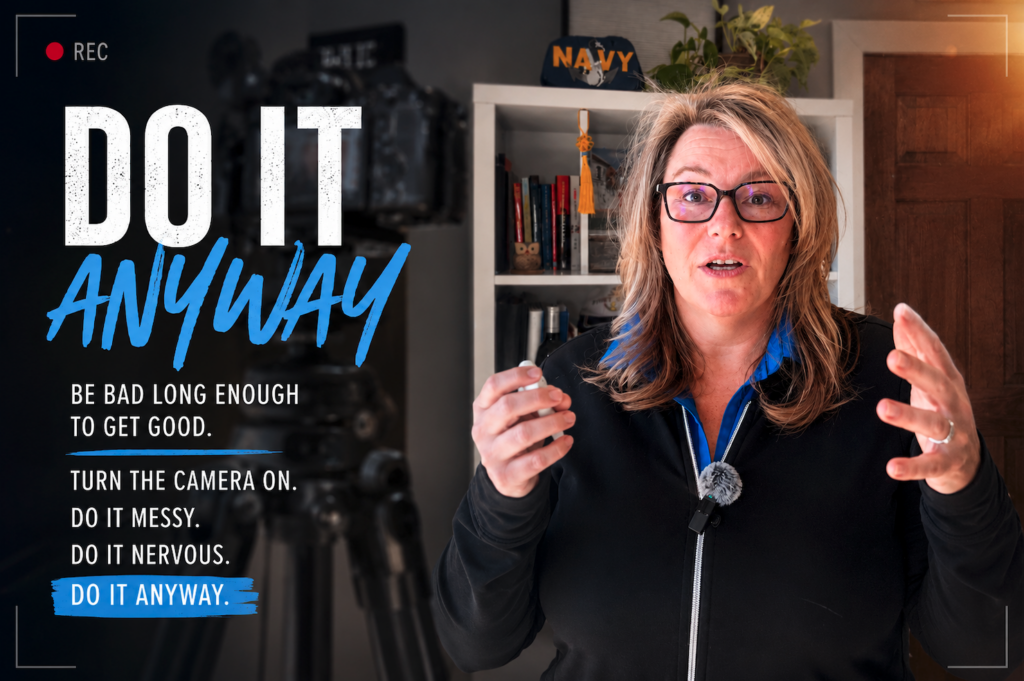 Elizabeth Barber speaking confidently on camera beside the phrase “Do It Anyway” during a video recording session.