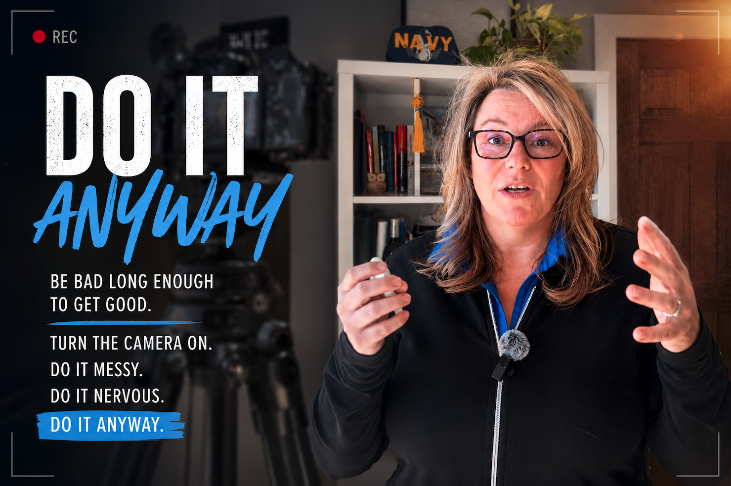 Elizabeth Barber speaking confidently on camera beside the phrase “Do It Anyway” during a video recording session.