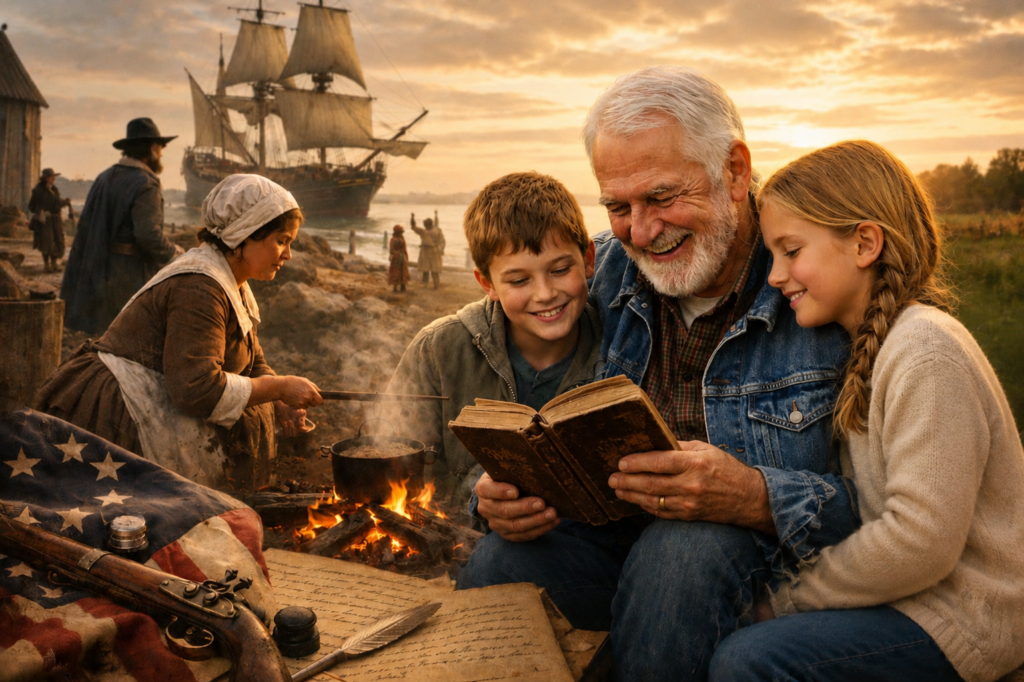 An older grandfather reading a book with his grandchildren beside a colonial American shoreline, blending modern family legacy with scenes from early American history and the Mayflower era.