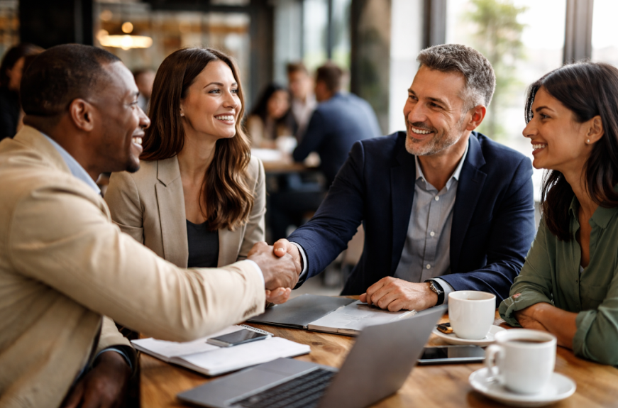 Four business professionals meeting face-to-face at a table, shaking hands and smiling during an in-person discussion about trust and collaboration.