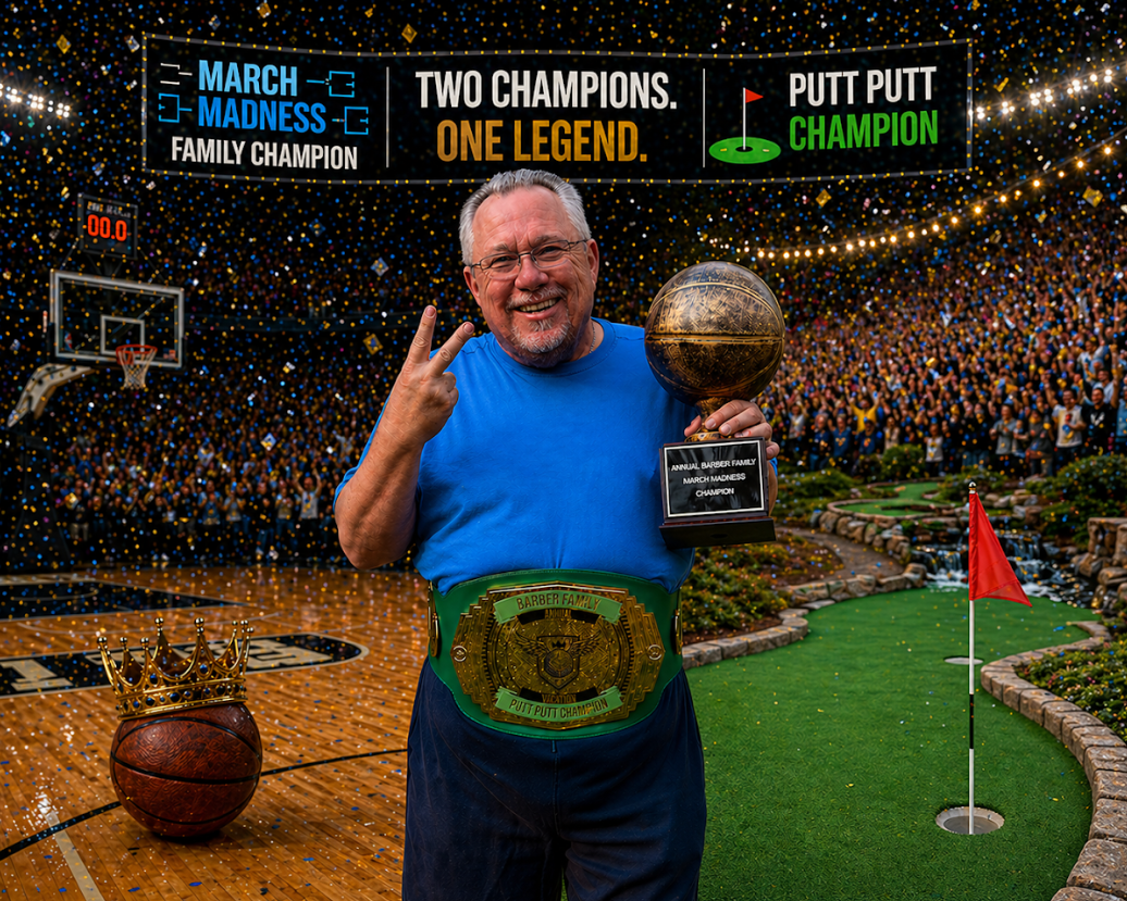 Howie Barber standing between a basketball court and mini golf course holding the Barber Family March Madness trophy while wearing the Barber Family Putt Putt Championship belt as confetti falls around him during the family’s first “Double Champ” celebration.