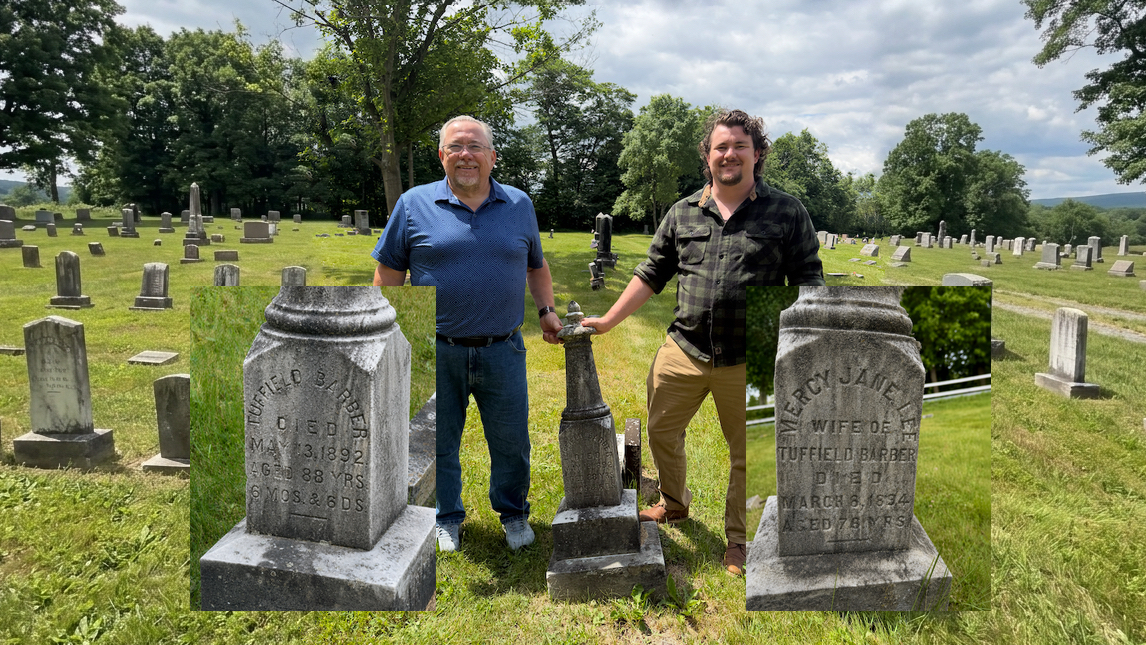 Howie Barber and his son stand beside the grave of Tuffield Barber and Mercy Jane Lee Barber at Rosewood Cemetery in White Creek, New York, with close-up images of both historic grave markers.