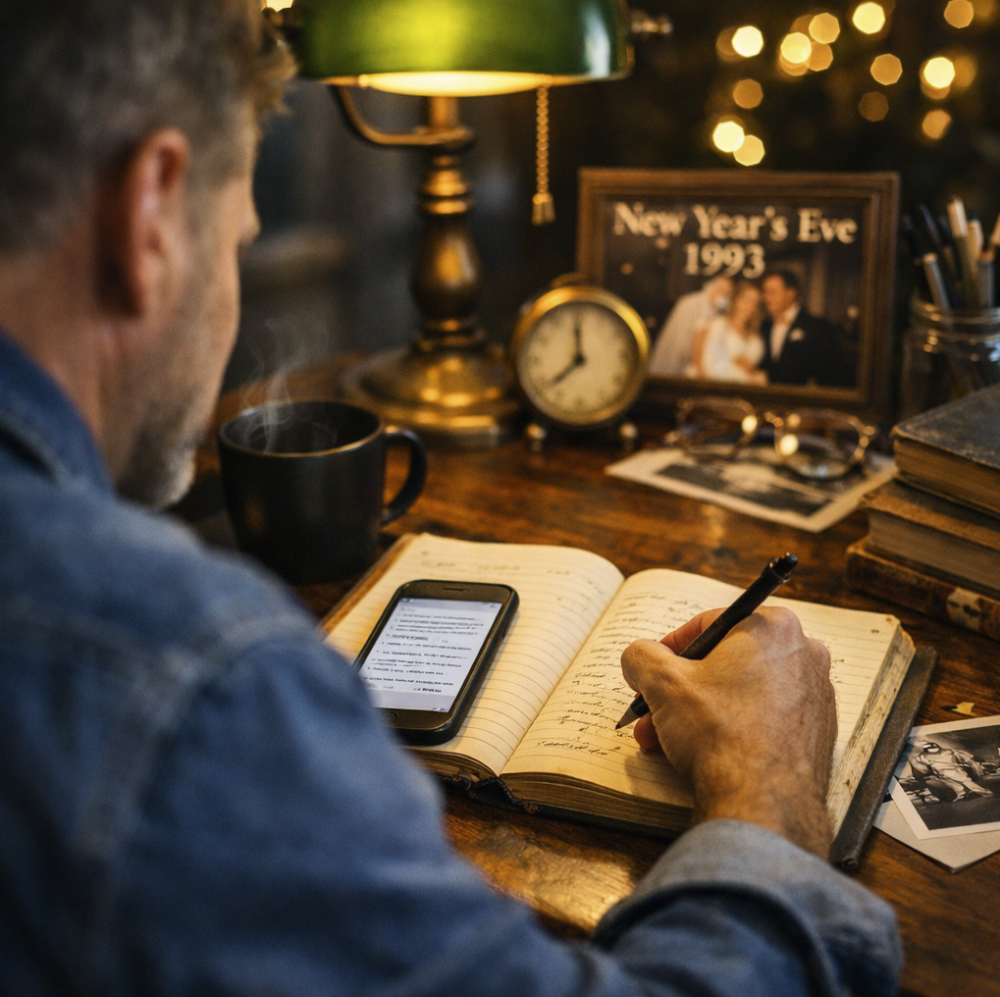 Man writing in a journal at a warmly lit desk with a coffee mug, phone, and framed New Year's Eve 1993 wedding photograph.