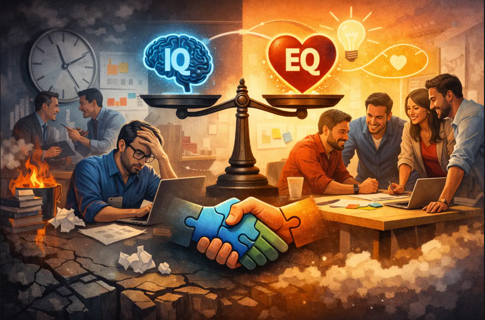 Illustration contrasting IQ and EQ in startup teams, showing workplace stress on one side and collaborative team chemistry on the other.