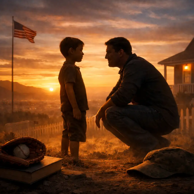 Father kneeling and talking with his young son outside their home at sunset.