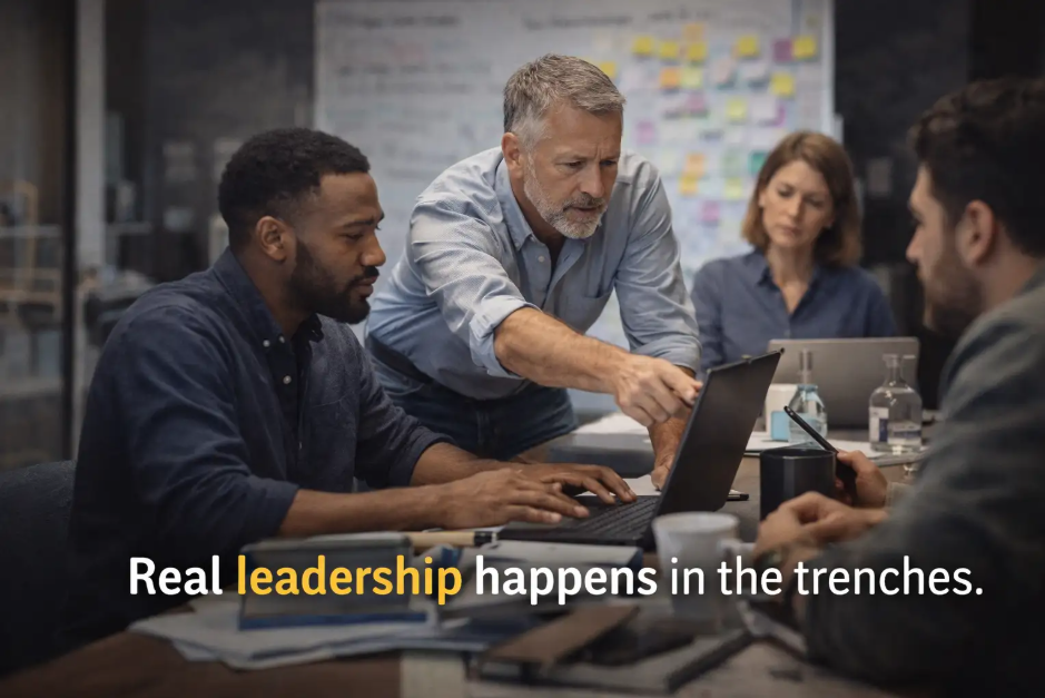 Team working together around a laptop with the message “Real leadership happens in the trenches.”