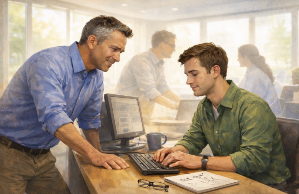 An experienced manager coaches a young employee at a computer, demonstrating leadership through mentoring and hands-on teaching in a collaborative office.