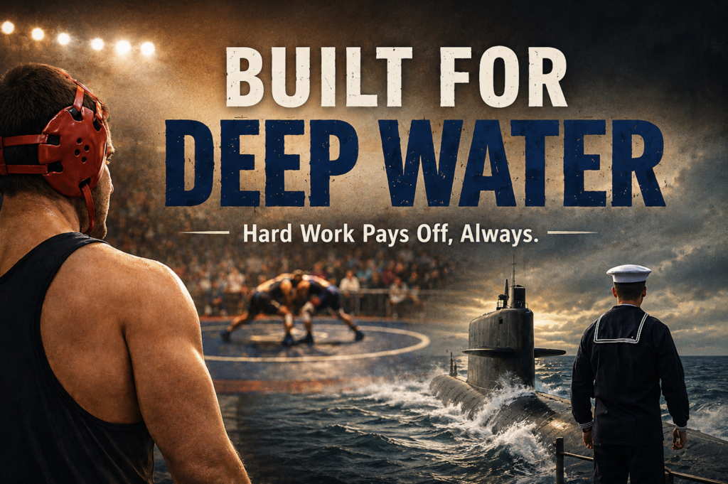 Graphic featuring a wrestler watching a match, a U.S. Navy sailor facing a submarine at sea, and the words "Built for Deep Water – Hard Work Pays Off, Always," representing resilience, discipline, and personal growth.