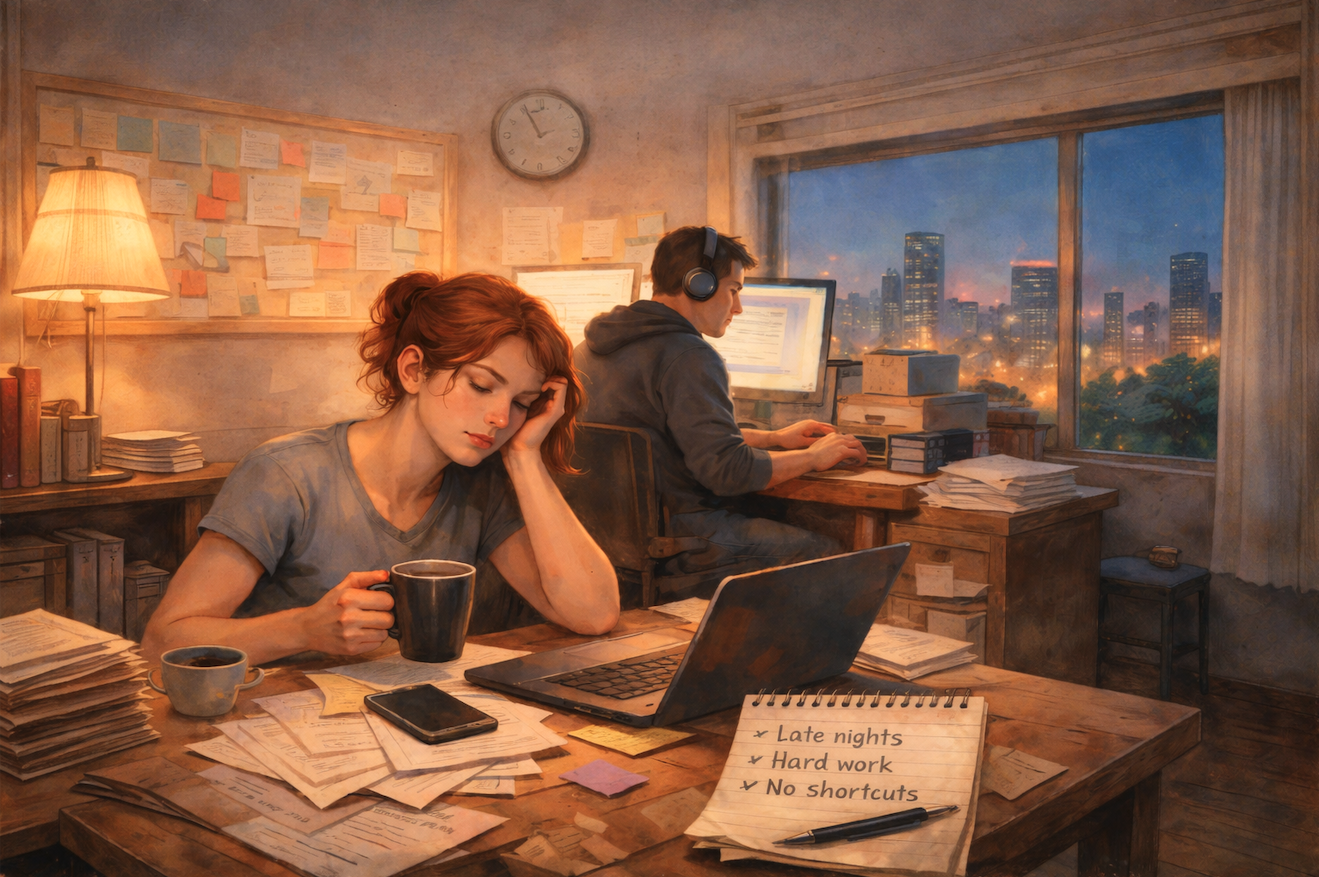 Tired woman drinking coffee at a cluttered desk working late at night while a man works at a computer in the background, with notes and a notebook that reads “Late nights, Hard work, No shortcuts”